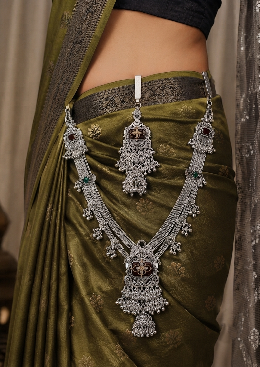 Traditional Oxidised Silver Kamarbandh & Kamarchhalla with Maroon-Green Stone Work