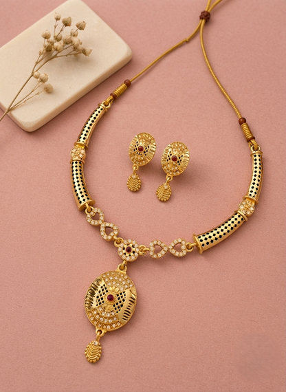 Royal Gold-Tone Necklace & Matching Earrings Set with Red Stone Detailing