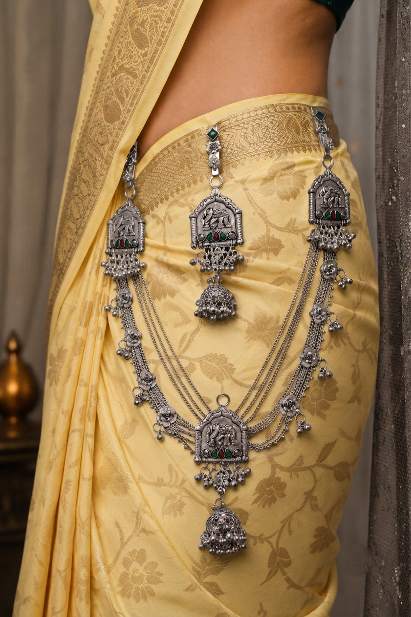 Traditional Oxidized Silver Elephant Motif Kamarbandh – Multilayer Waist Belt with Green & Red Stone Accents