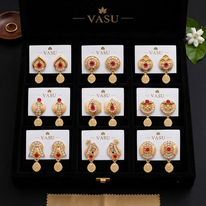 Designer Gold-Plated Red Stone & CZ Drop Earrings – 9 Pair Collection