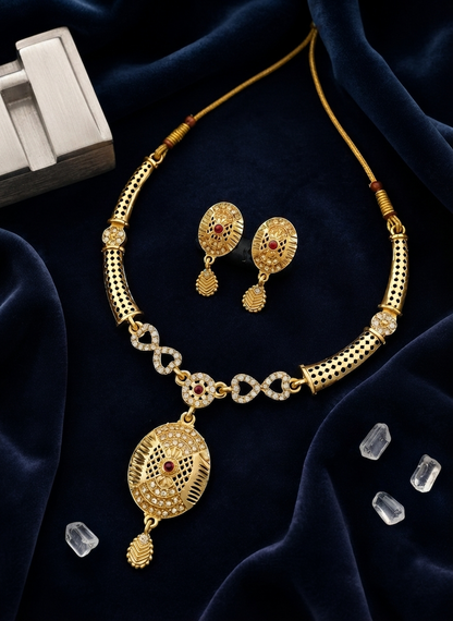 Royal Gold-Tone Necklace & Matching Earrings Set with Red Stone Detailing