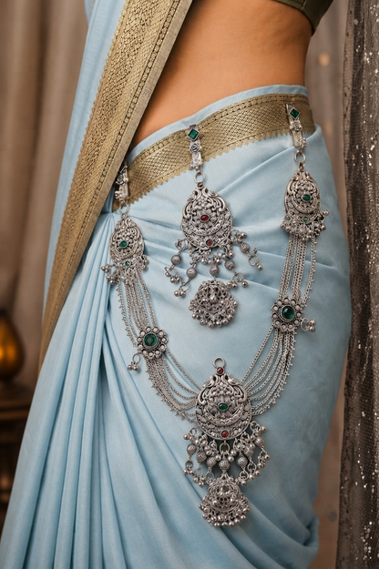Traditional Oxidised Silver Designer Kamarbandh with Green & Red Stone Detailing