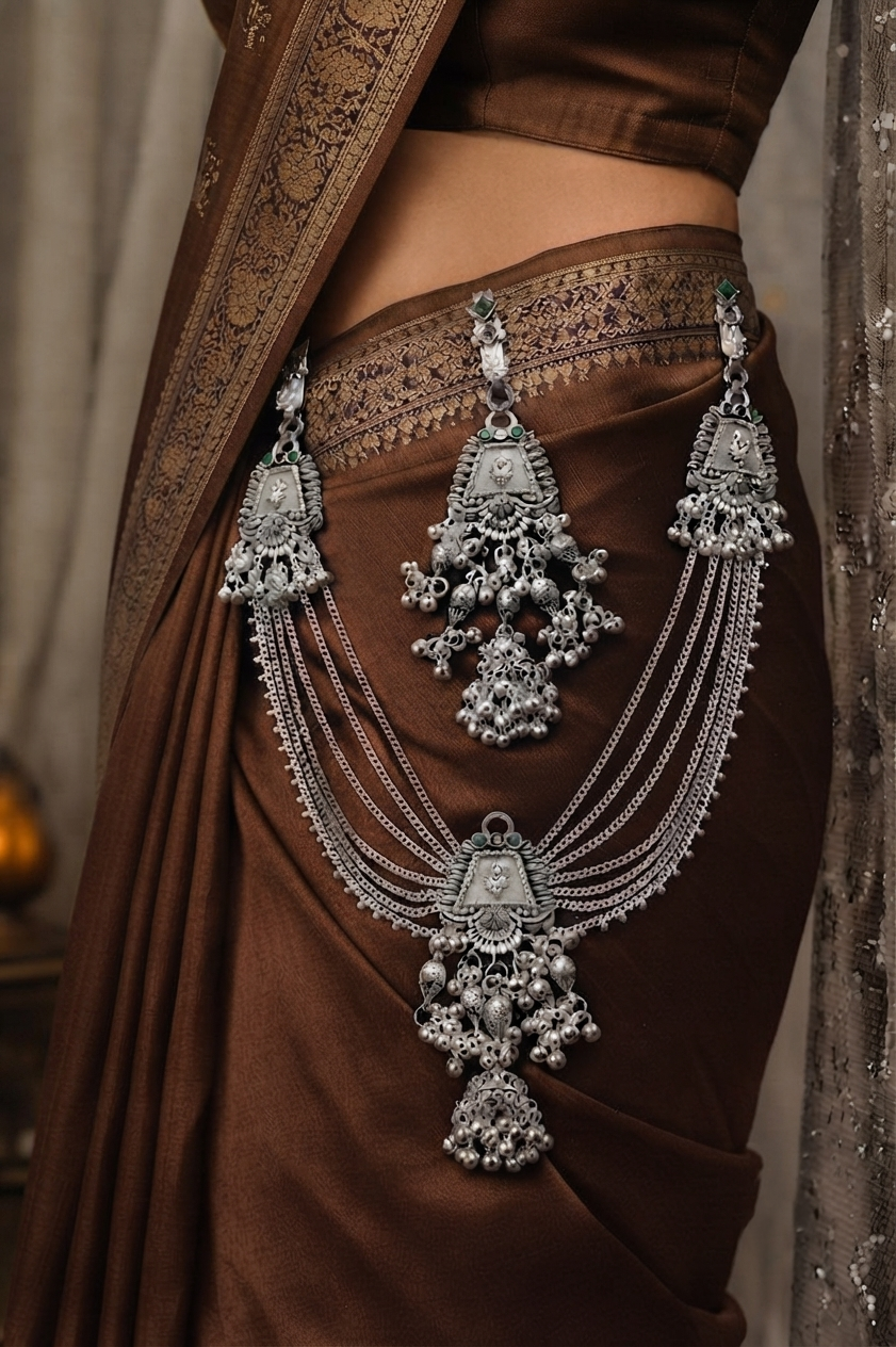 Traditional Oxidized Silver Kamarbandh with Green Stone & Antique Charms