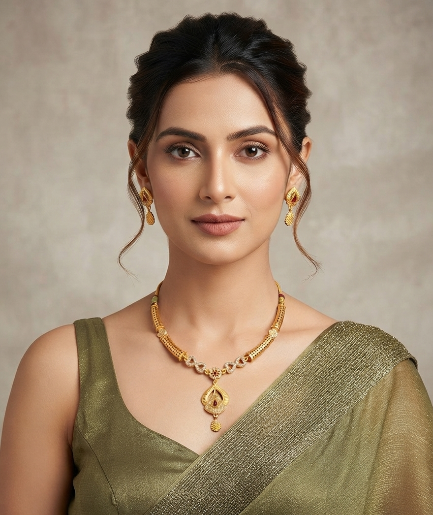 Elegant Gold-Plated Pendant Necklace & Matching Earrings Set with Red Stone Detailing