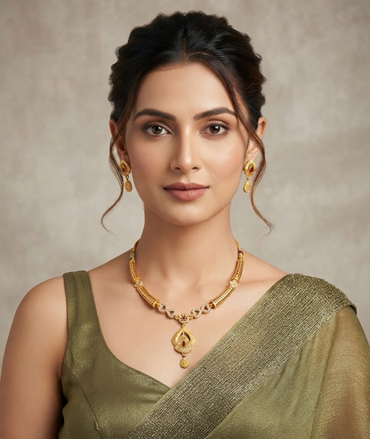 Elegant Gold-Plated Pendant Necklace & Matching Earrings Set with Red Stone Detailing