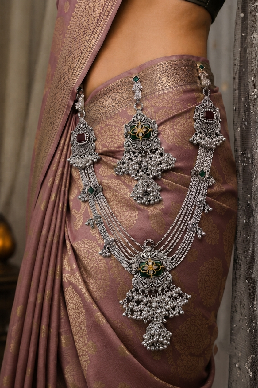 Oxidised Silver Floral Green Stone Multi-Layer Necklace Set with Matching Earrings