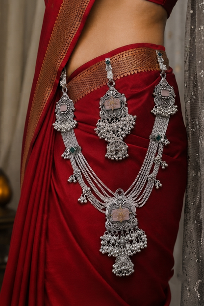 Premium Oxidised Silver Kamarbandh & Kamarchhalla Set with Pink Stone, Green Accents & Ghungroo Detailing