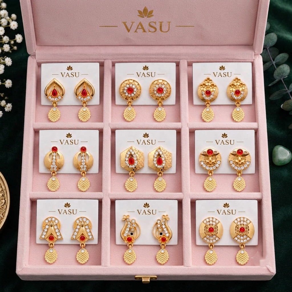 Designer Gold-Plated Red Stone & CZ Drop Earrings – 9 Pair Collection