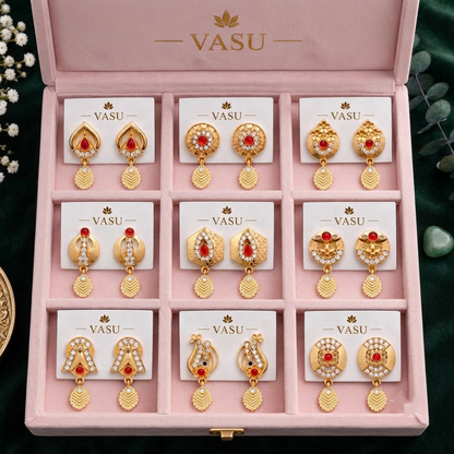 Designer Gold-Plated Red Stone & CZ Drop Earrings – 9 Pair Collection