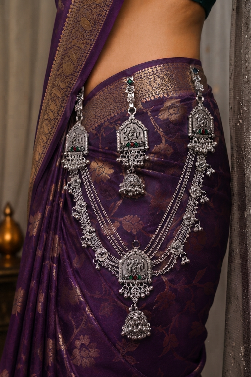 Traditional Oxidized Silver Elephant Motif Kamarbandh – Multilayer Waist Belt with Green & Red Stone Accents