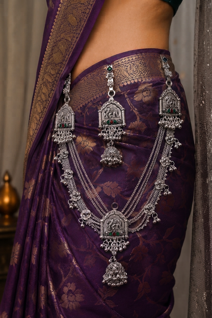 Traditional Oxidized Silver Elephant Motif Kamarbandh – Multilayer Waist Belt with Green & Red Stone Accents