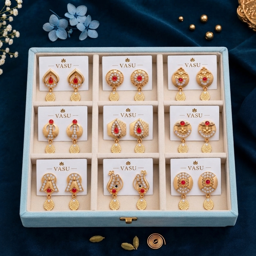 Designer Gold-Plated Red Stone & CZ Drop Earrings – 9 Pair Collection