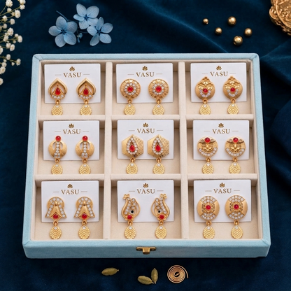 Designer Gold-Plated Red Stone & CZ Drop Earrings – 9 Pair Collection