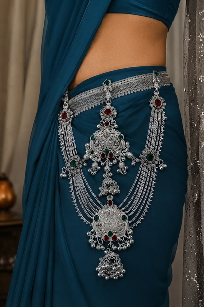 Traditional Silver Look Kamarbandh with Red & Green Stone Detailing