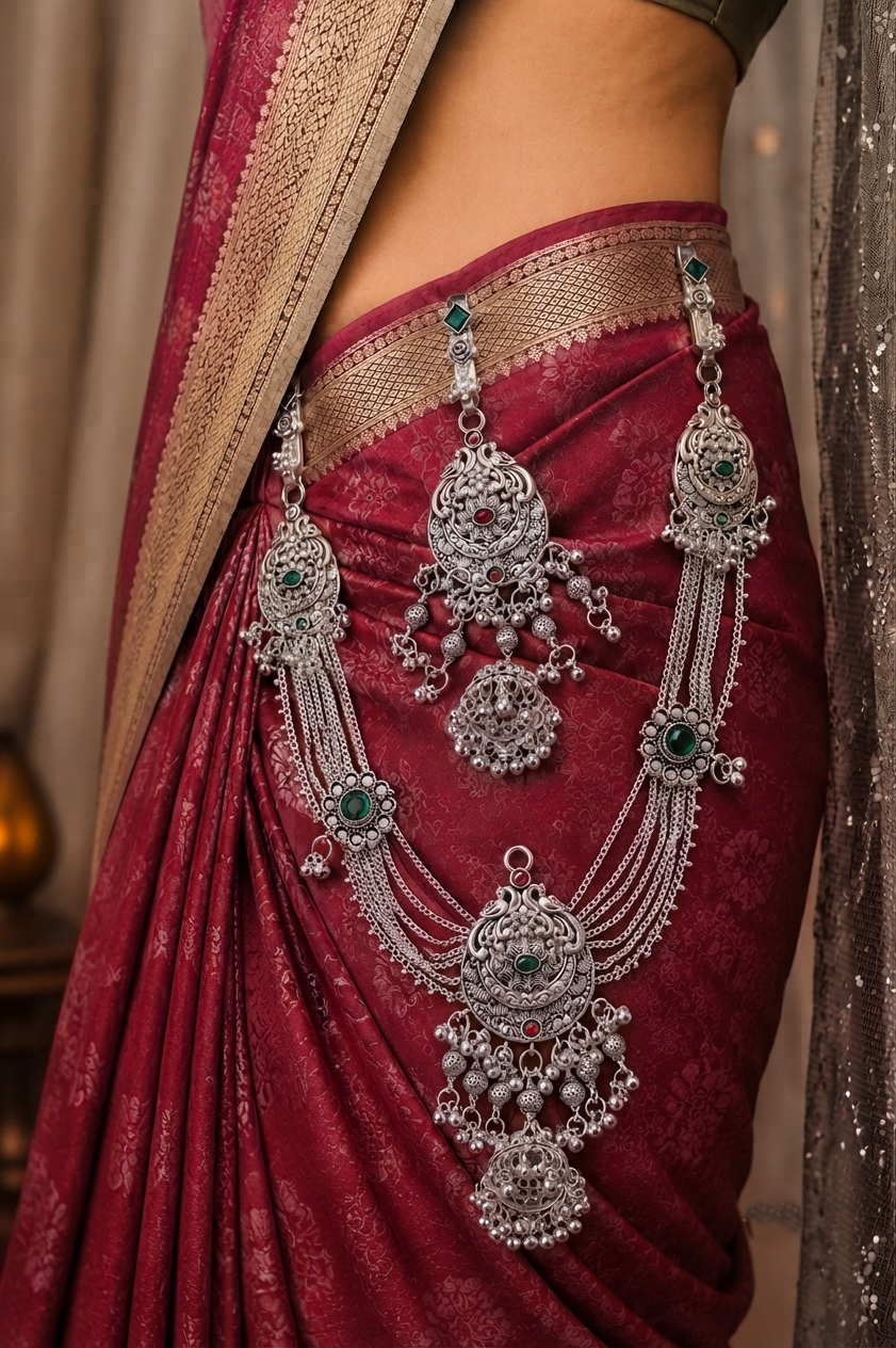 Traditional Oxidised Silver Designer Kamarbandh with Green & Red Stone Detailing