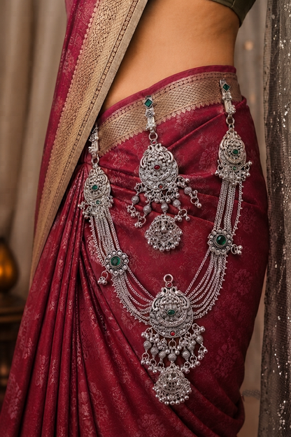 Traditional Oxidised Silver Designer Kamarbandh with Green & Red Stone Detailing