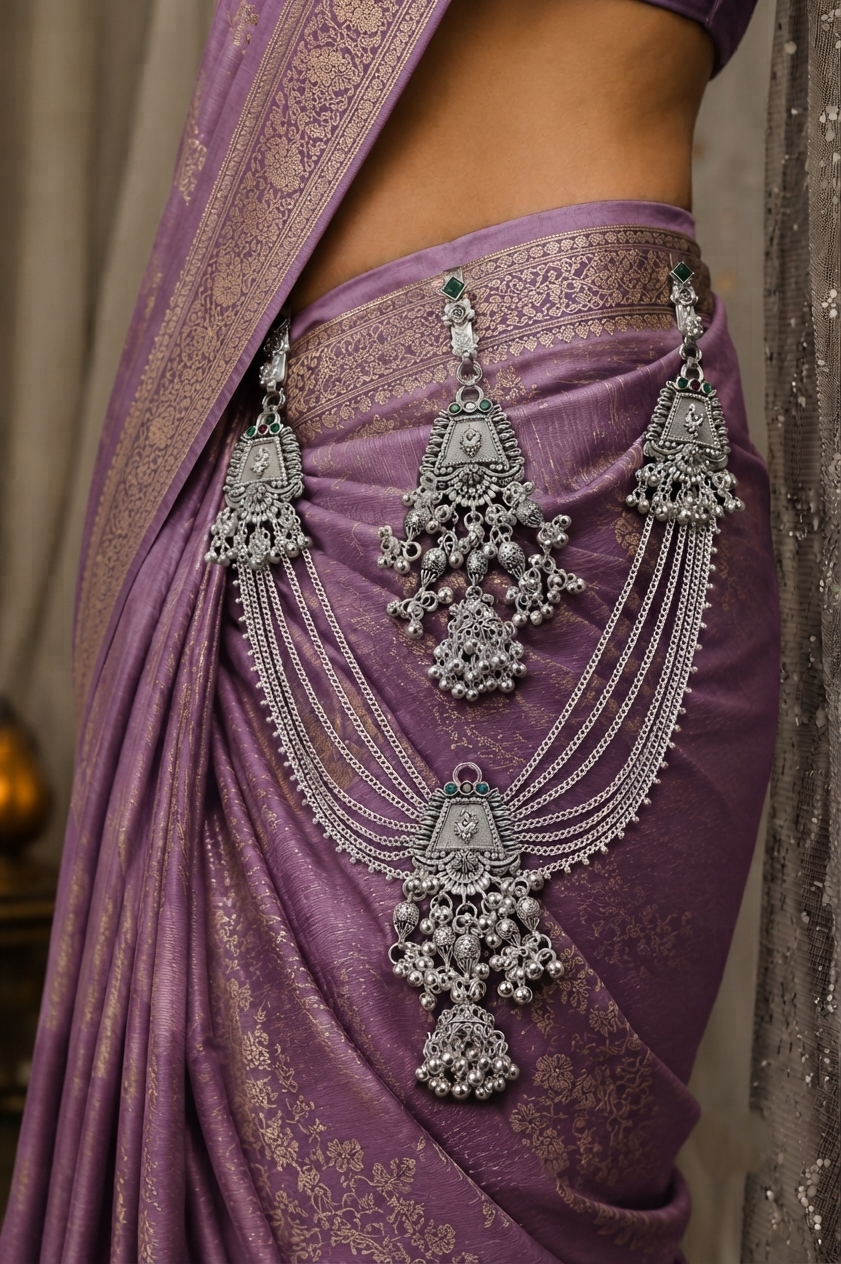 Traditional Oxidized Silver Kamarbandh with Green Stone & Antique Charms
