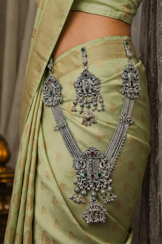Oxidised Silver Temple Art Kamarbandh & Kamarchalla Set with Peacock and Goddess Motifs