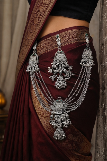 Traditional Oxidized Silver Kamarbandh with Green Stone & Antique Charms