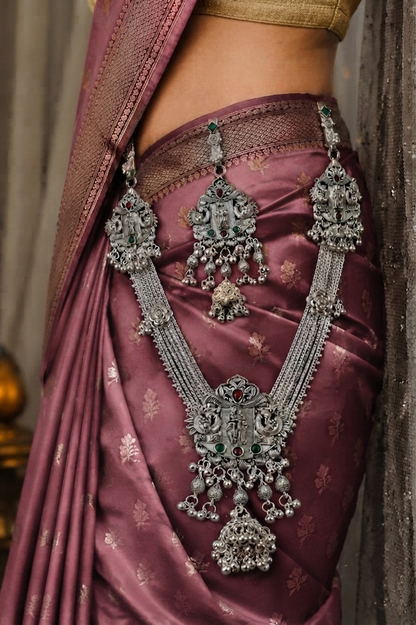 Oxidised Silver Temple Art Kamarbandh & Kamarchalla Set with Peacock and Goddess Motifs