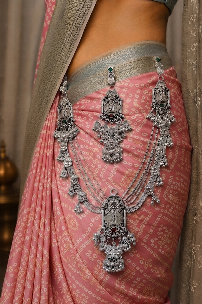 Exquisite Oxidized Silver Temple Waist Chain (Kamarbandh)