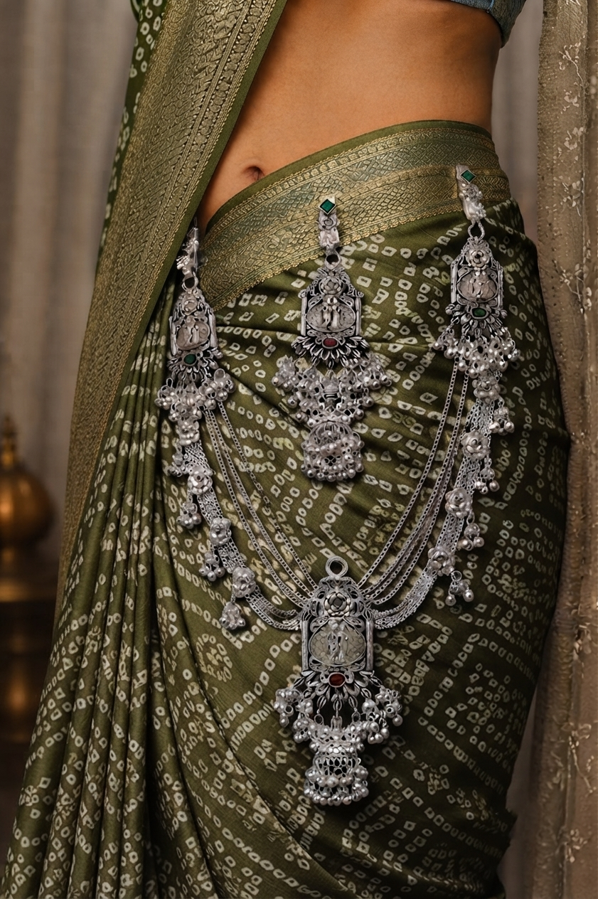 Exquisite Oxidized Silver Temple Waist Chain (Kamarbandh)