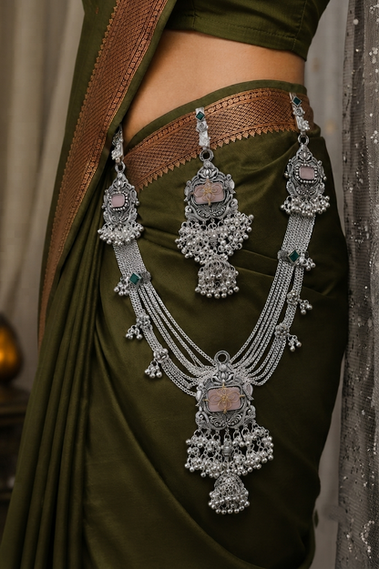 Premium Oxidised Silver Kamarbandh & Kamarchhalla Set with Pink Stone, Green Accents & Ghungroo Detailing