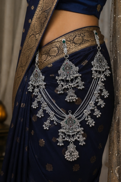 Traditional Oxidised Silver Multilayer Kamarbandh with Green & Red Stone Detailing
