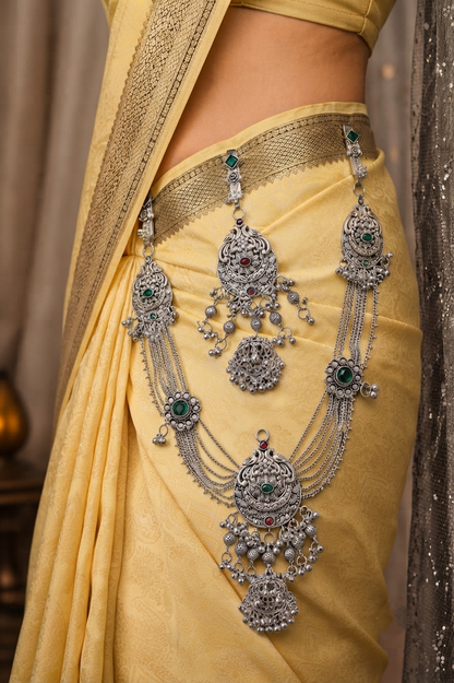 Traditional Oxidised Silver Designer Kamarbandh with Green & Red Stone Detailing