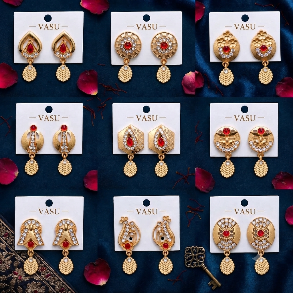 Designer Gold-Plated Red Stone & CZ Drop Earrings – 9 Pair Collection