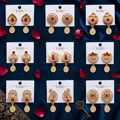 Designer Gold-Plated Red Stone & CZ Drop Earrings – 9 Pair Collection