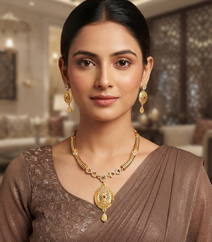 Royal Gold-Tone Necklace & Matching Earrings Set with Red Stone Detailing