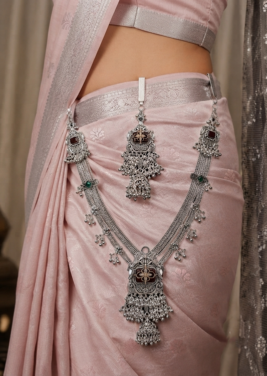 Traditional Oxidised Silver Kamarbandh & Kamarchhalla with Maroon-Green Stone Work