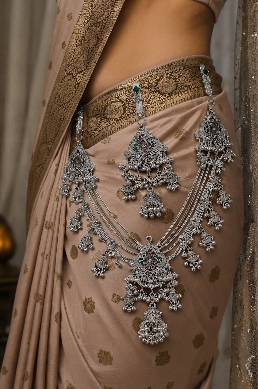 Traditional Oxidised Silver Multilayer Kamarbandh with Green & Red Stone Detailing