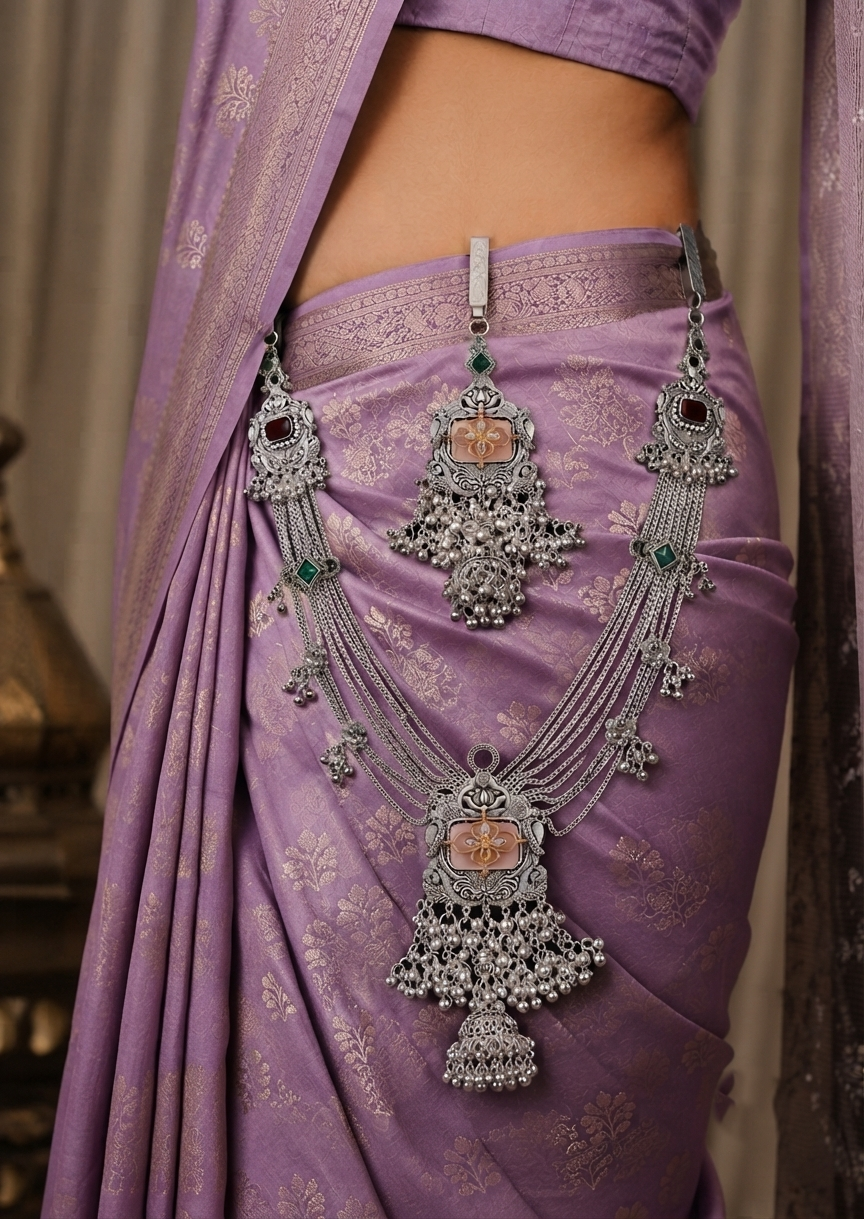 Premium Oxidised Silver Multi-Layer Kamarbandh with Traditional Pendant Design