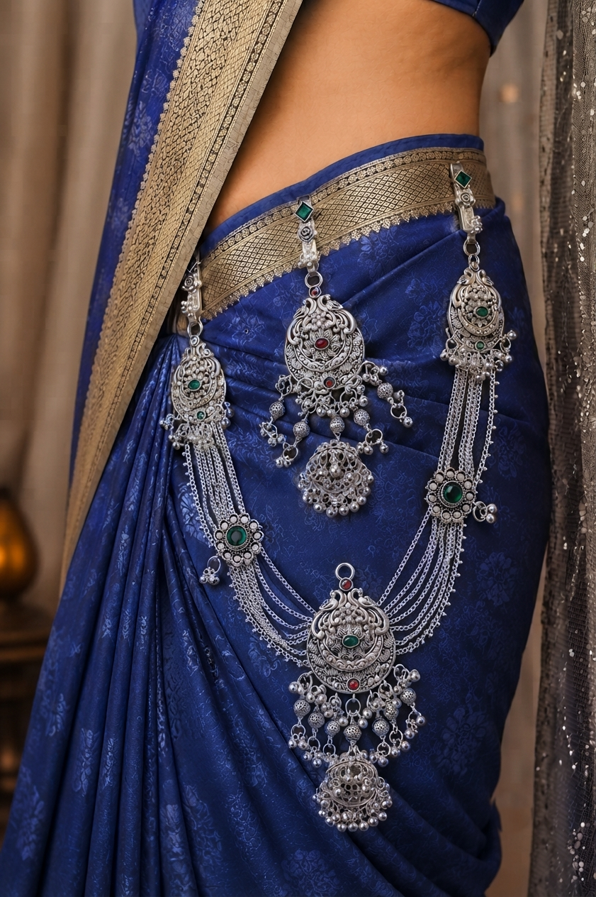 Traditional Oxidised Silver Designer Kamarbandh with Green & Red Stone Detailing