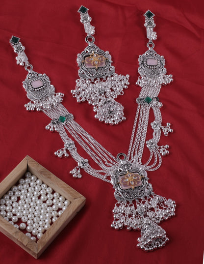 Premium Oxidised Silver Kamarbandh & Kamarchhalla Set with Pink Stone, Green Accents & Ghungroo Detailing