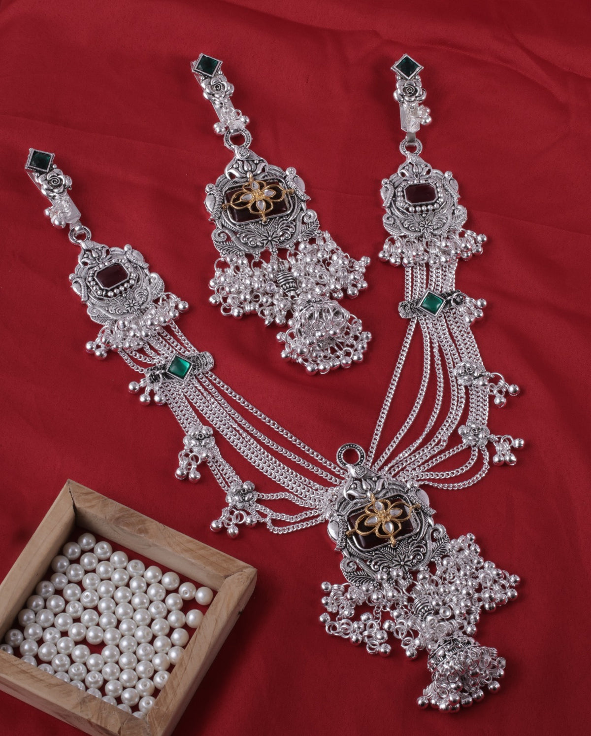 Traditional Oxidised Silver Kamarbandh & Kamarchhalla with Maroon-Green Stone Work