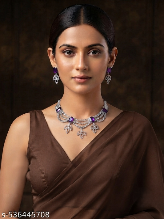 Elegant Purple Stone Silver Necklace Set with Matching Drop Earrings