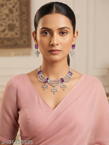 Elegant Purple Stone Silver Necklace Set with Matching Drop Earrings