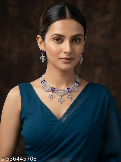 Elegant Purple Stone Silver Necklace Set with Matching Drop Earrings