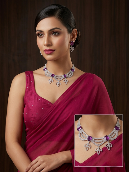 Elegant Purple Stone Silver Necklace Set with Matching Drop Earrings