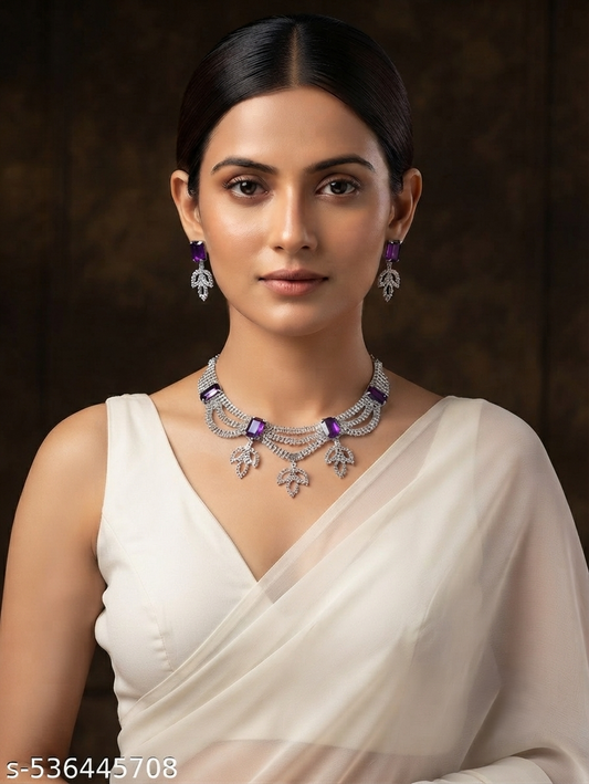 Elegant Purple Stone Silver Necklace Set with Matching Drop Earrings