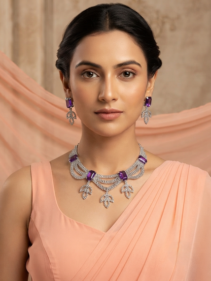 Elegant Purple Stone Silver Necklace Set with Matching Drop Earrings