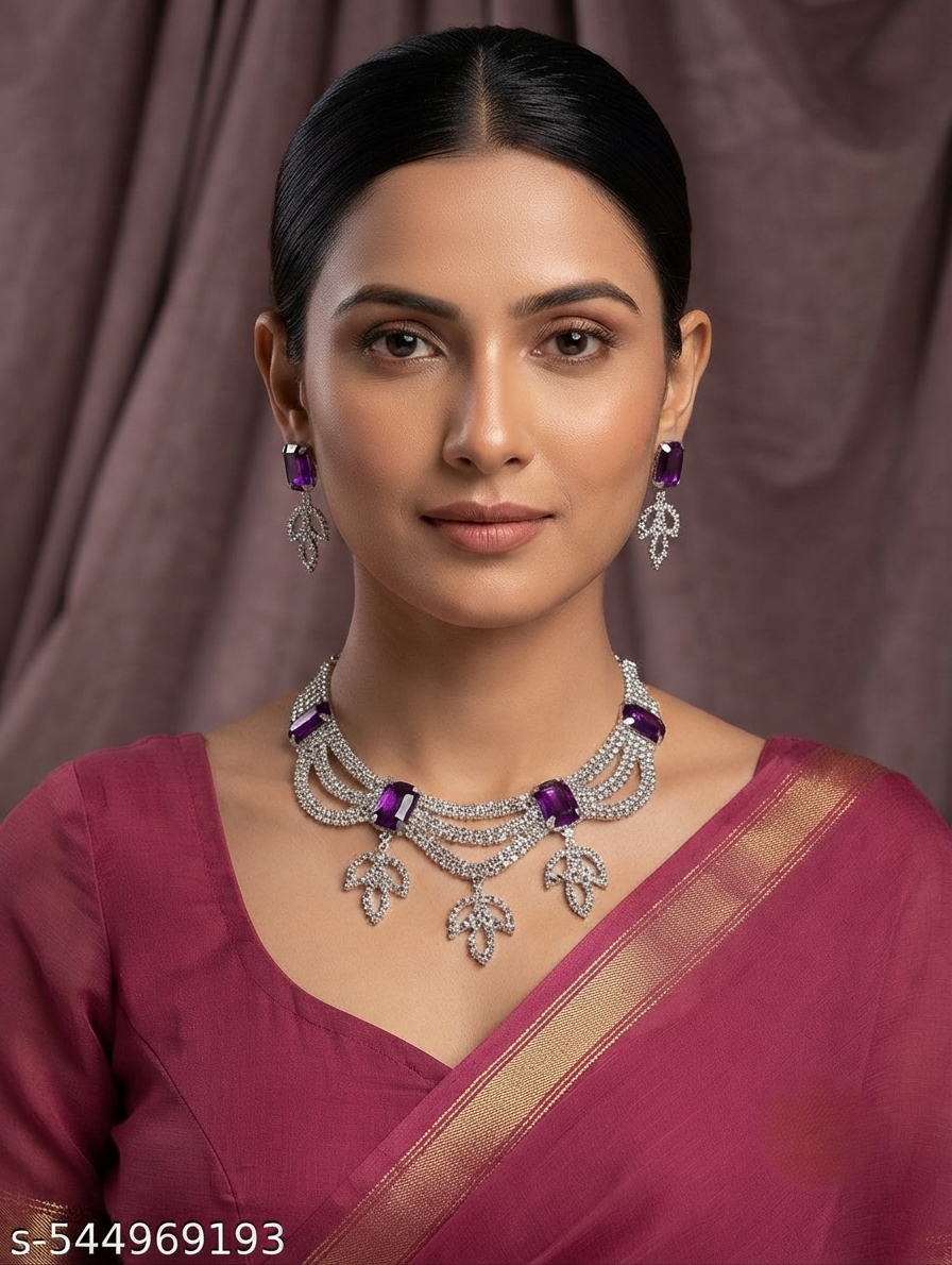 Elegant Purple Stone Silver Necklace Set with Matching Drop Earrings