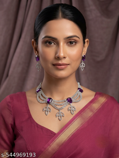 Elegant Purple Stone Silver Necklace Set with Matching Drop Earrings