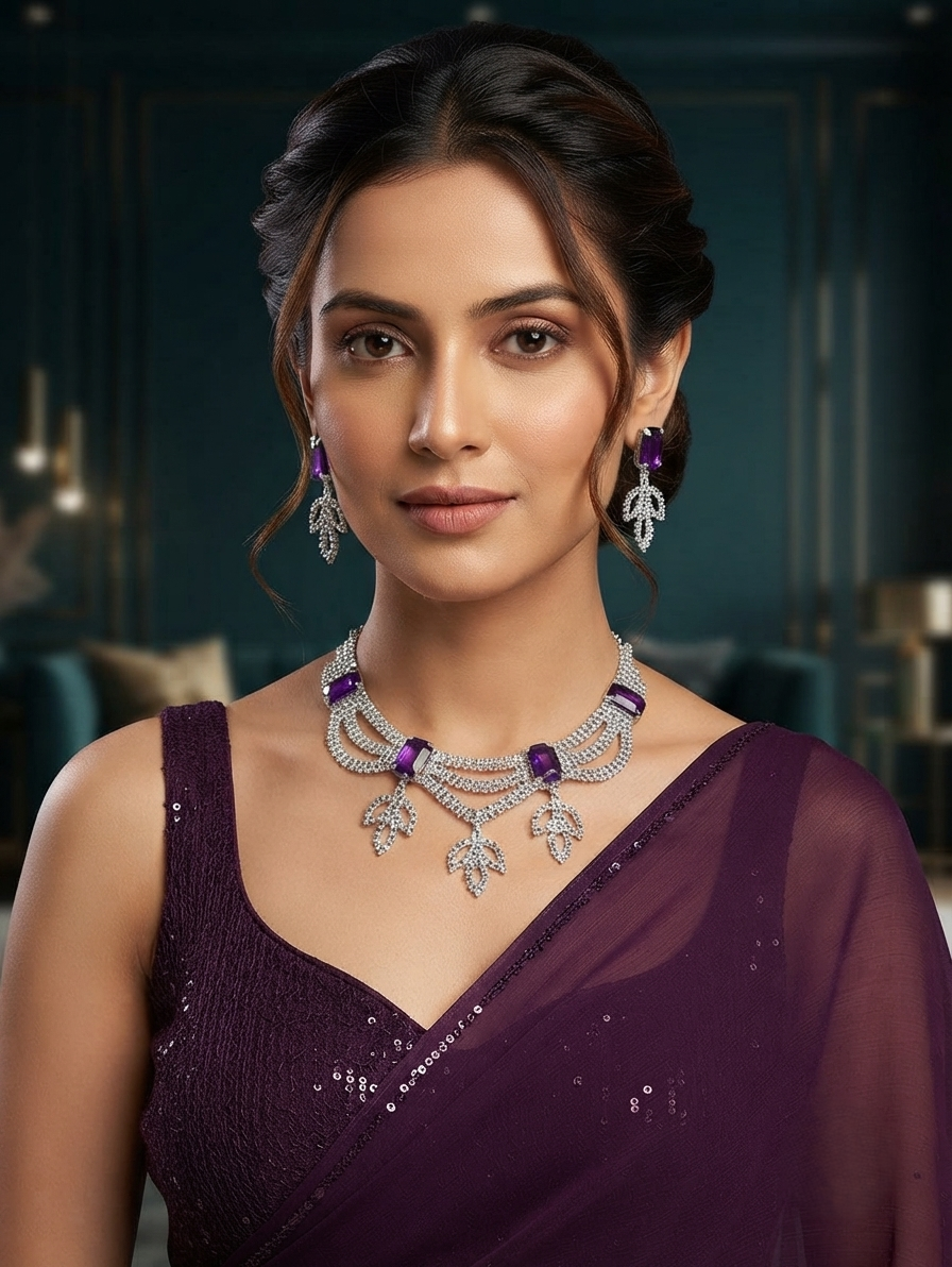 Elegant Purple Stone Silver Necklace Set with Matching Drop Earrings
