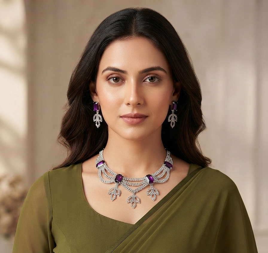 Elegant Purple Stone Silver Necklace Set with Matching Drop Earrings