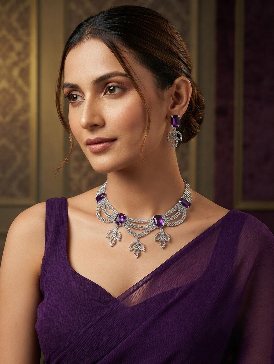 Elegant Purple Stone Silver Necklace Set with Matching Drop Earrings